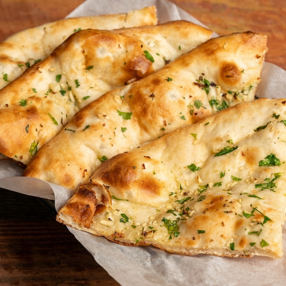 Golden-brown garlic flatbreads garnished with parsley and herbs, arranged on parchment paper over a rustic wooden table.