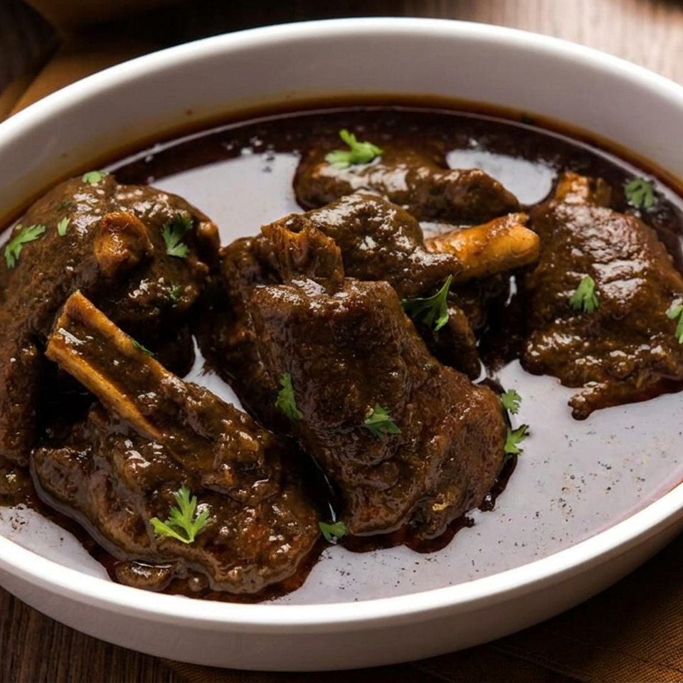 Braised beef short ribs in glossy dark sauce, garnished with parsley, served in a white handled dish on a wooden table.