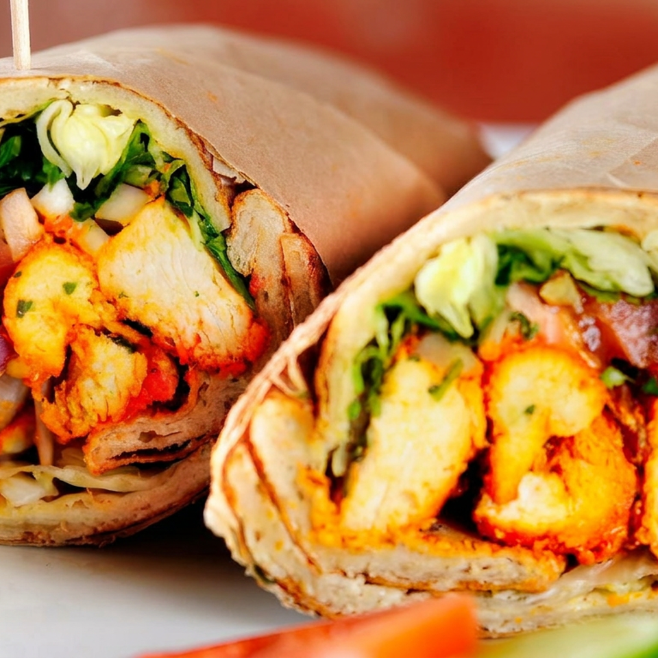 Two toasted wraps filled with grilled chicken, vegetables, and herbs, secured with wooden picks.