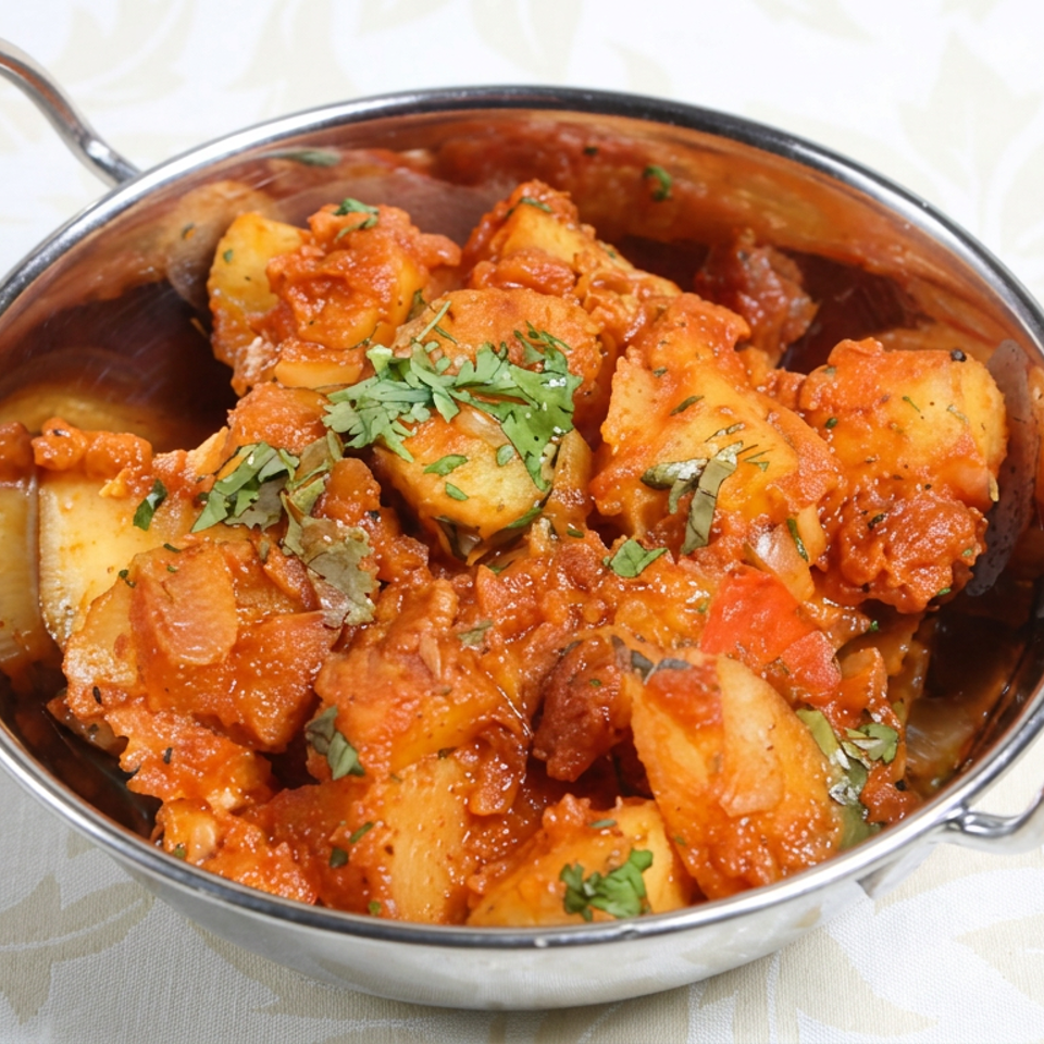 Indian-style potato curry in a metal serving bowl, coated in tomato sauce and garnished with fresh cilantro.