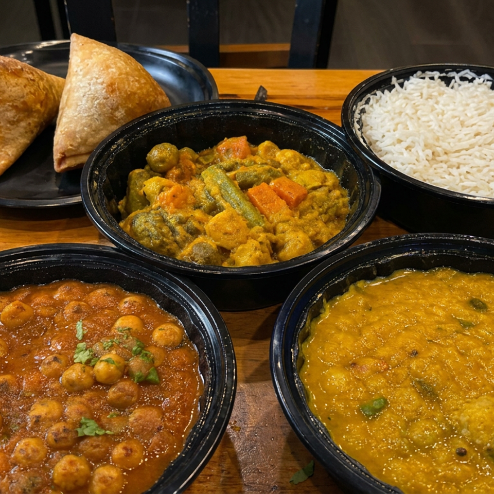 Indian meal spread with samosas, basmati rice, chickpea curry, vegetable curry, lentils, and green chutney on a wooden table.
