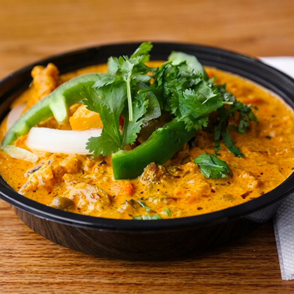 Bowl of creamy orange curry topped with cilantro and green pepper slices, served on a wooden table with a fork and napkin.